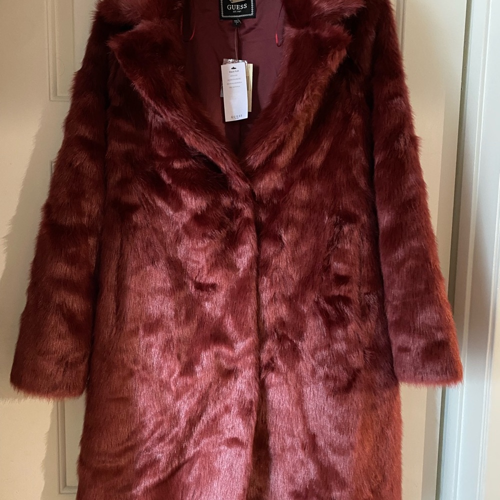 Guess Faux Fur Coat in Rich Burgundy